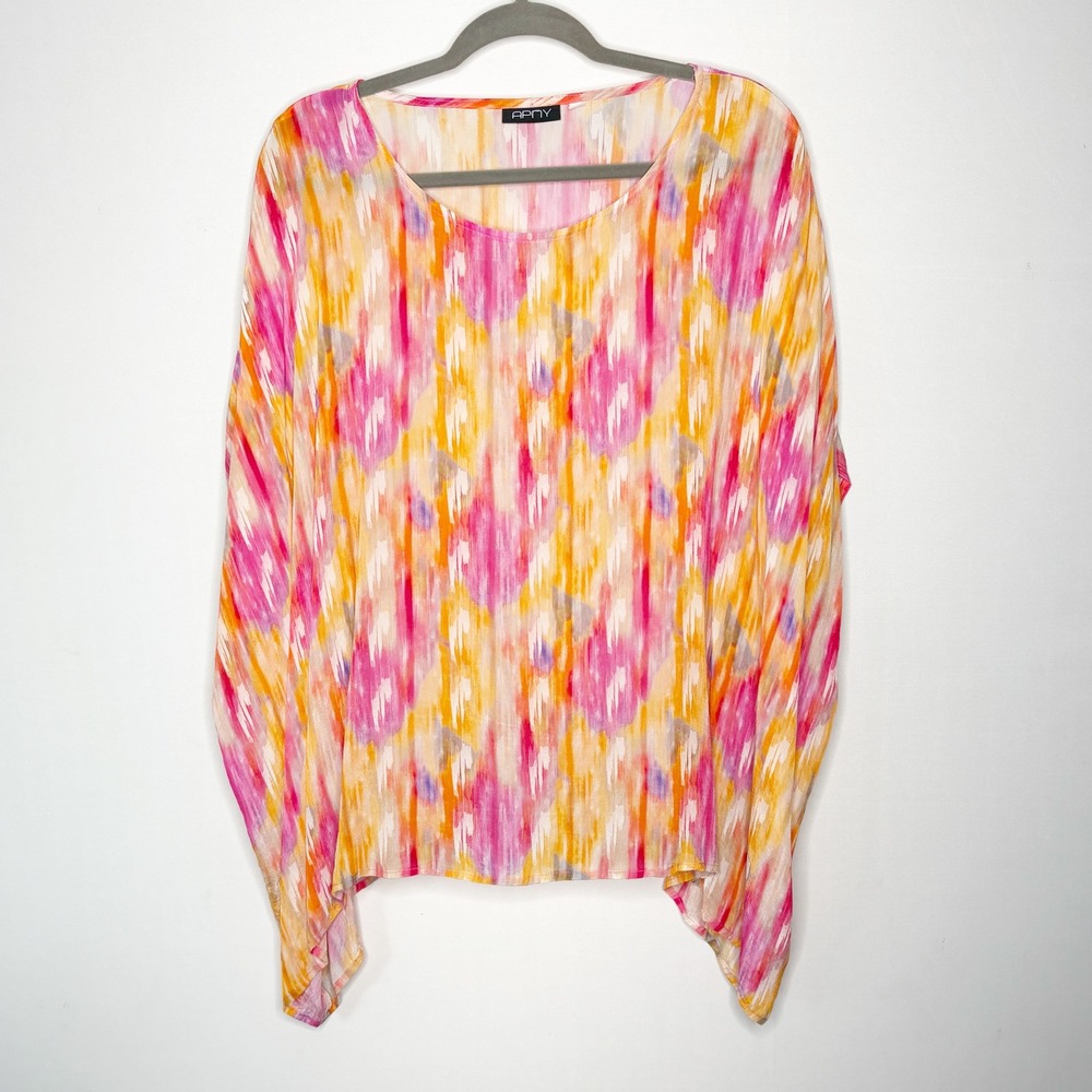 APNY Pink Orange Abstract Ikat Poncho Top Cupro Viscose Free Size OS India